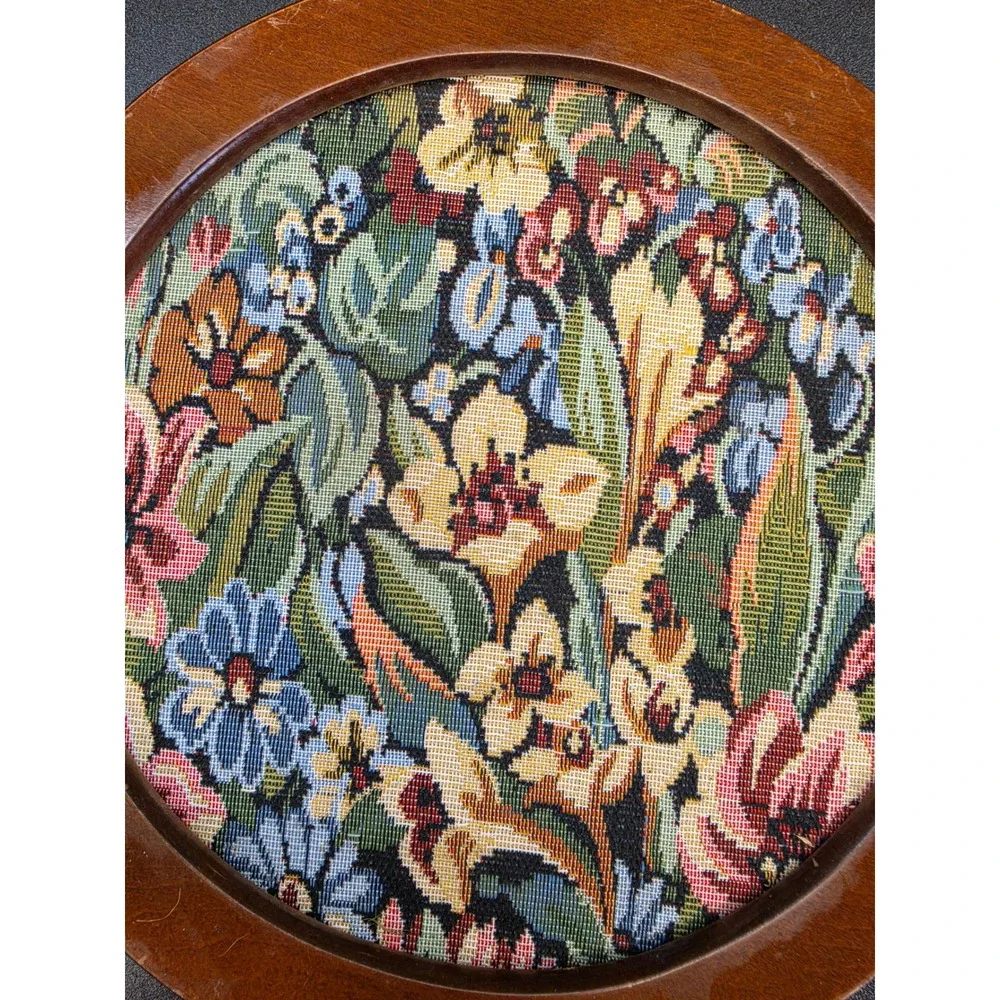 Vintage Floral Needlepoint Round Wood Frame Wall Decor Footstool Top 11.25 inch